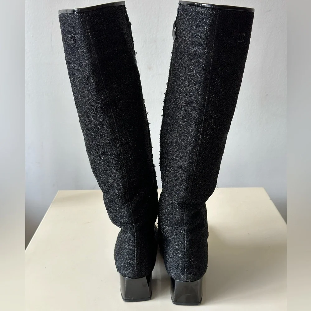CHANEL Fall 2017 Runway Black Sparkle High Boots Size 37